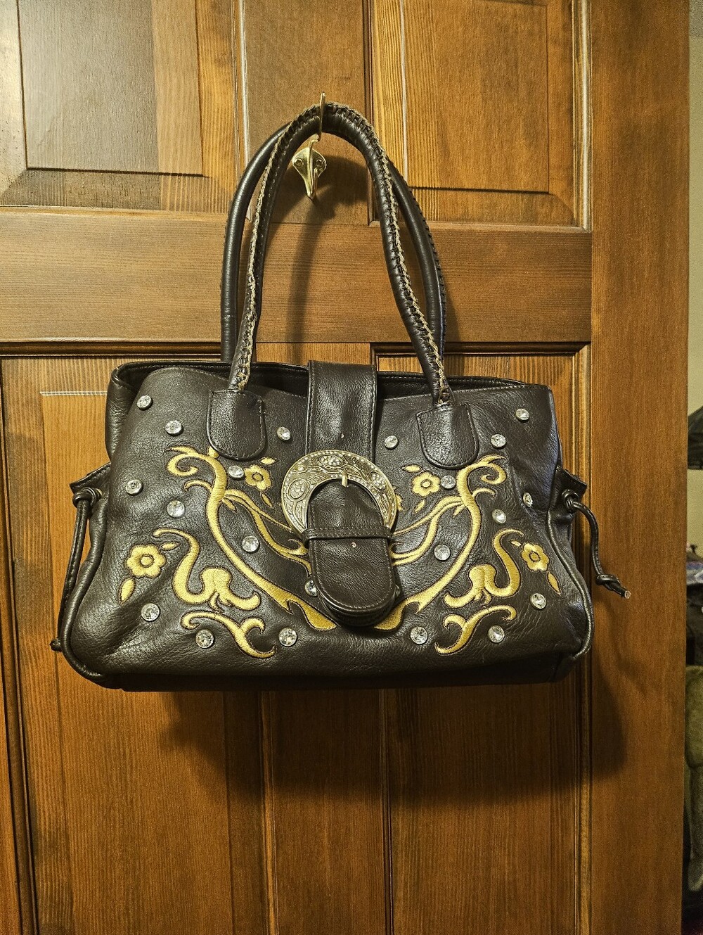 Black Embroidered Leather Shoulder Bag with Yellow Accents